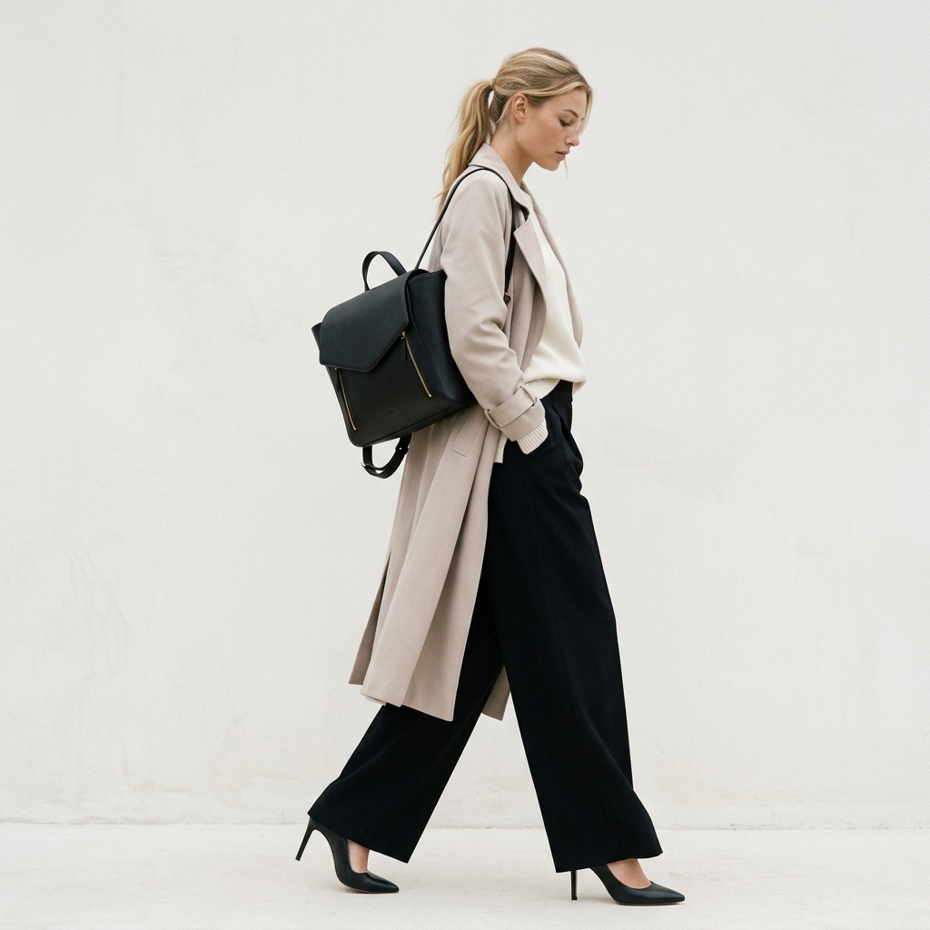 A woman in a beige trench coat, black wide-leg trousers, and black heels walks while carrying a structured black leather backpack with gold-tone hardware against a plain off-white wall.