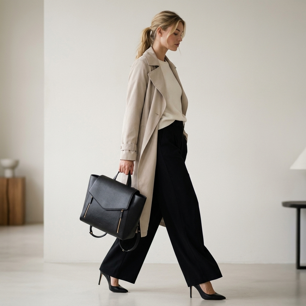 A woman in a beige trench coat, cream top, and black wide-leg pants walks while carrying a structured black leather briefcase or satchel in a minimalist indoor setting.