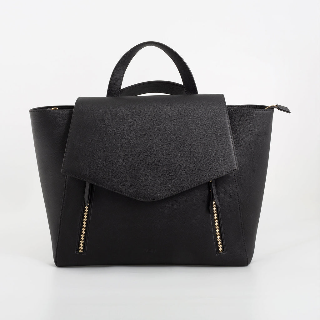 AGIKI Classic black genuine leather convertible laptop work bag for women with zippers and adjustable strap.