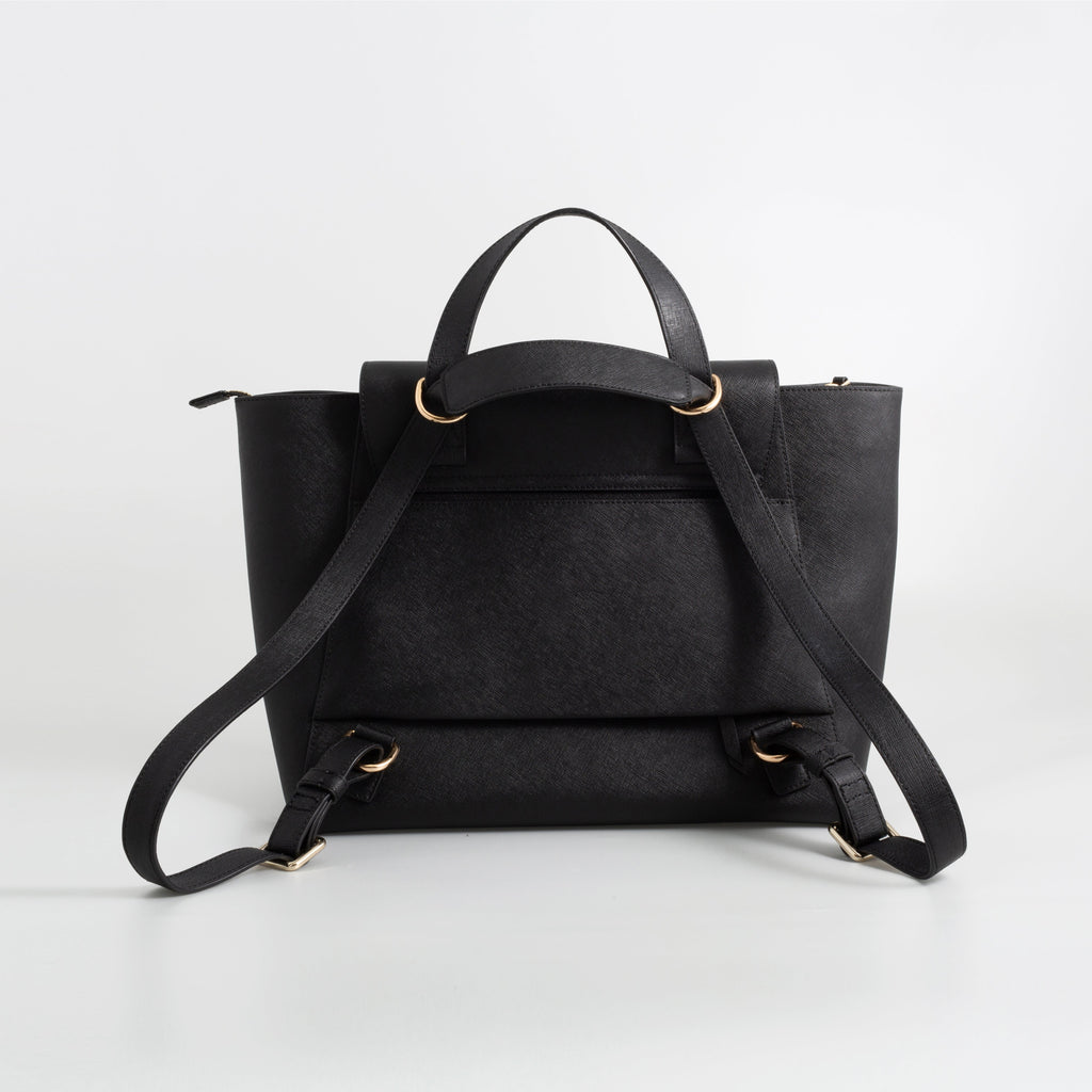 versatile work bag. AGIKI Classic Black convertible genuine leather laptop work bag for women, shown as a backpack with adjustable straps.