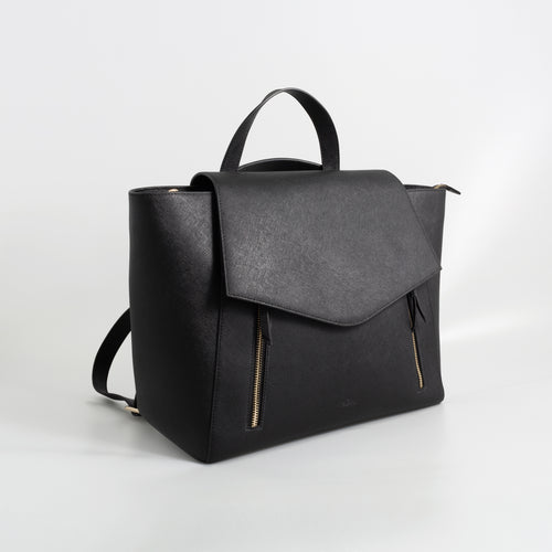 AGIKI Classic Black convertible genuine leather laptop work bag for women with adjustable strap, shown in backpack mode