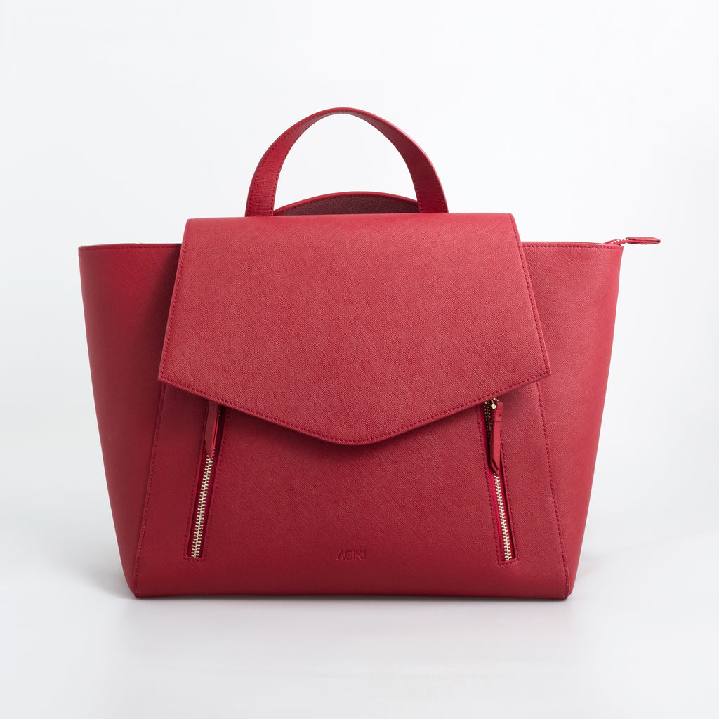 AGIKI Classic red genuine leather convertible laptop work bag for women with zippers and adjustable strap.