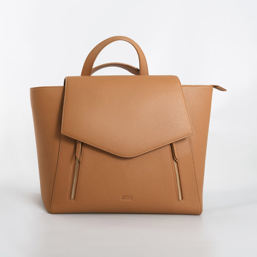 AGIKI Classic Brown genuine leather convertible laptop work bag for women with zippers and adjustable strap.